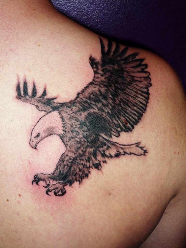 Grey Ink Eagle Flying Tattoo On Right Back Shoulder intended for proportions 768 X 1024