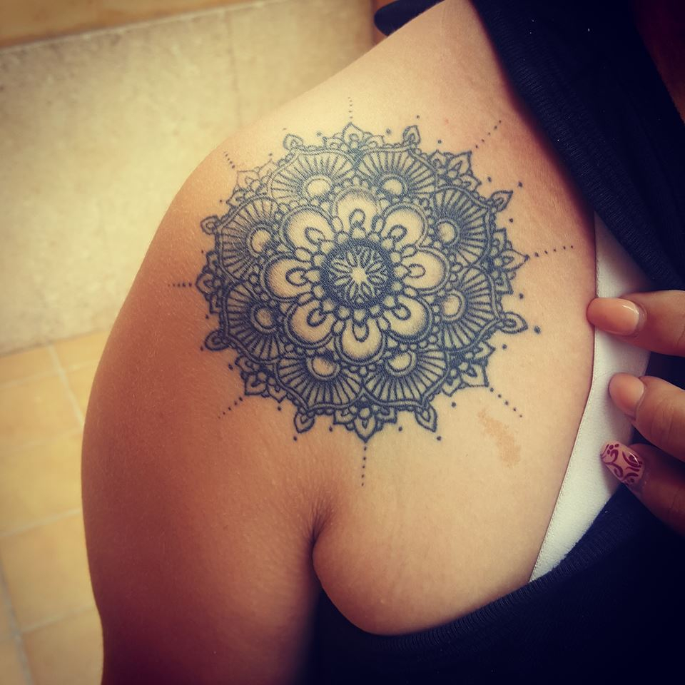 Grey Ink Mandala Tattoo On Front Shoulder David Torres within sizing 960 X 960