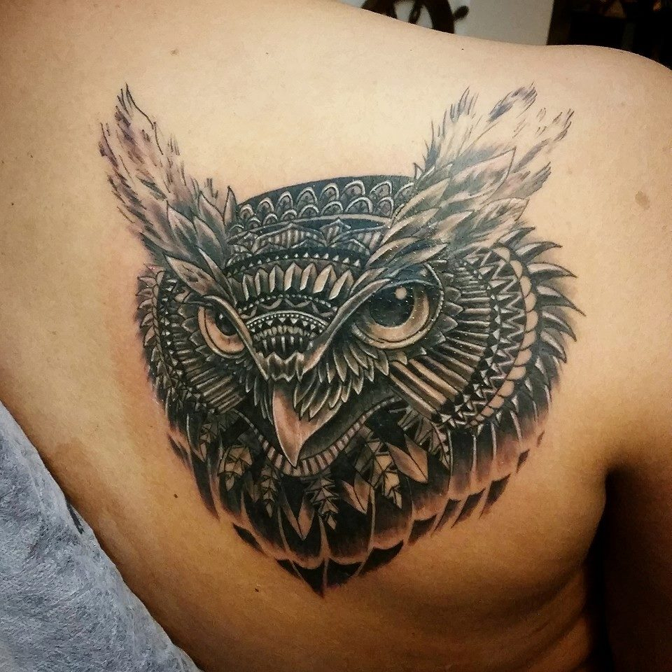 Grey Ink Owl Head Tattoo On Right Back Shoulder Berat Bumin within measurements 960 X 960
