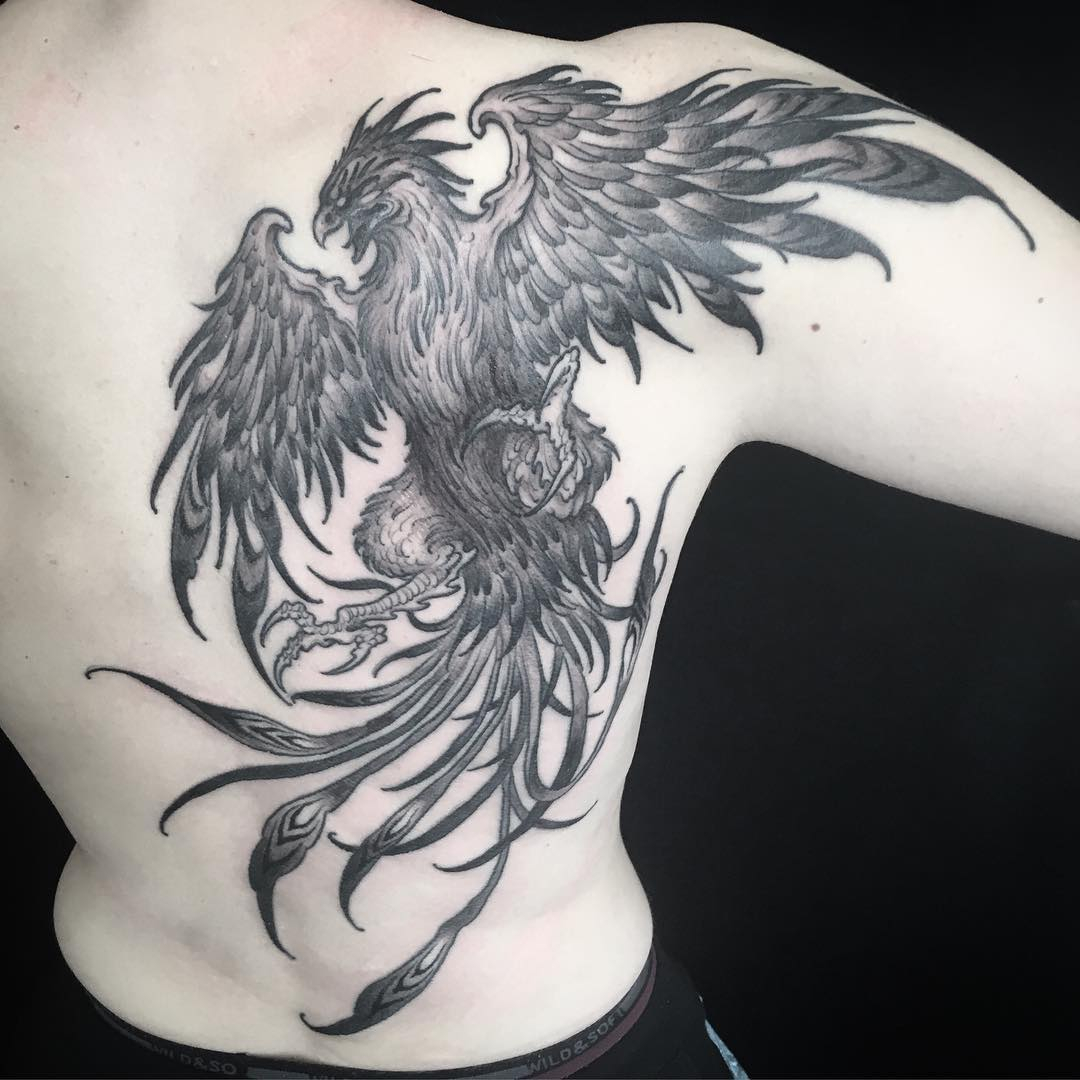 Grey Ink Phoenix Tattoo On Right Back Shoulder throughout size 1080 X 1080
