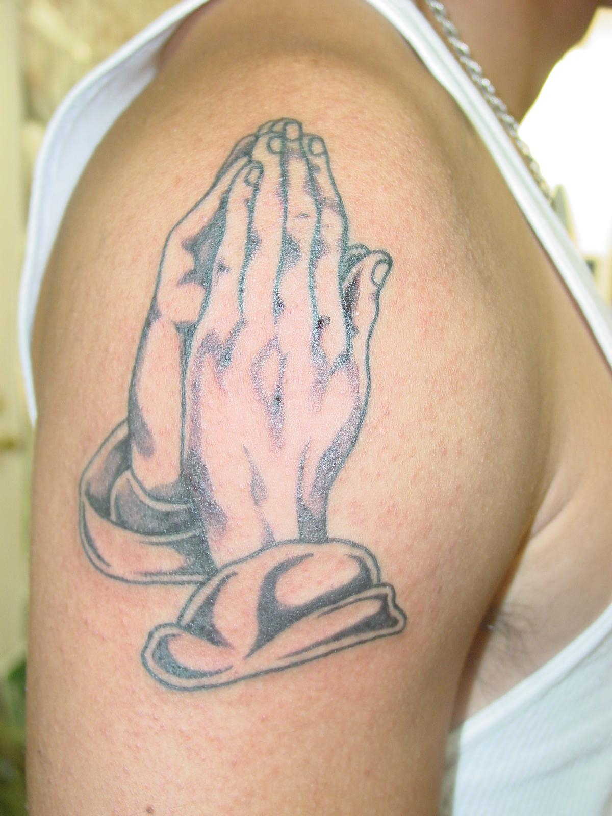 Grey Ink Praying Hands Tattoo On Shoulder with size 1200 X 1600