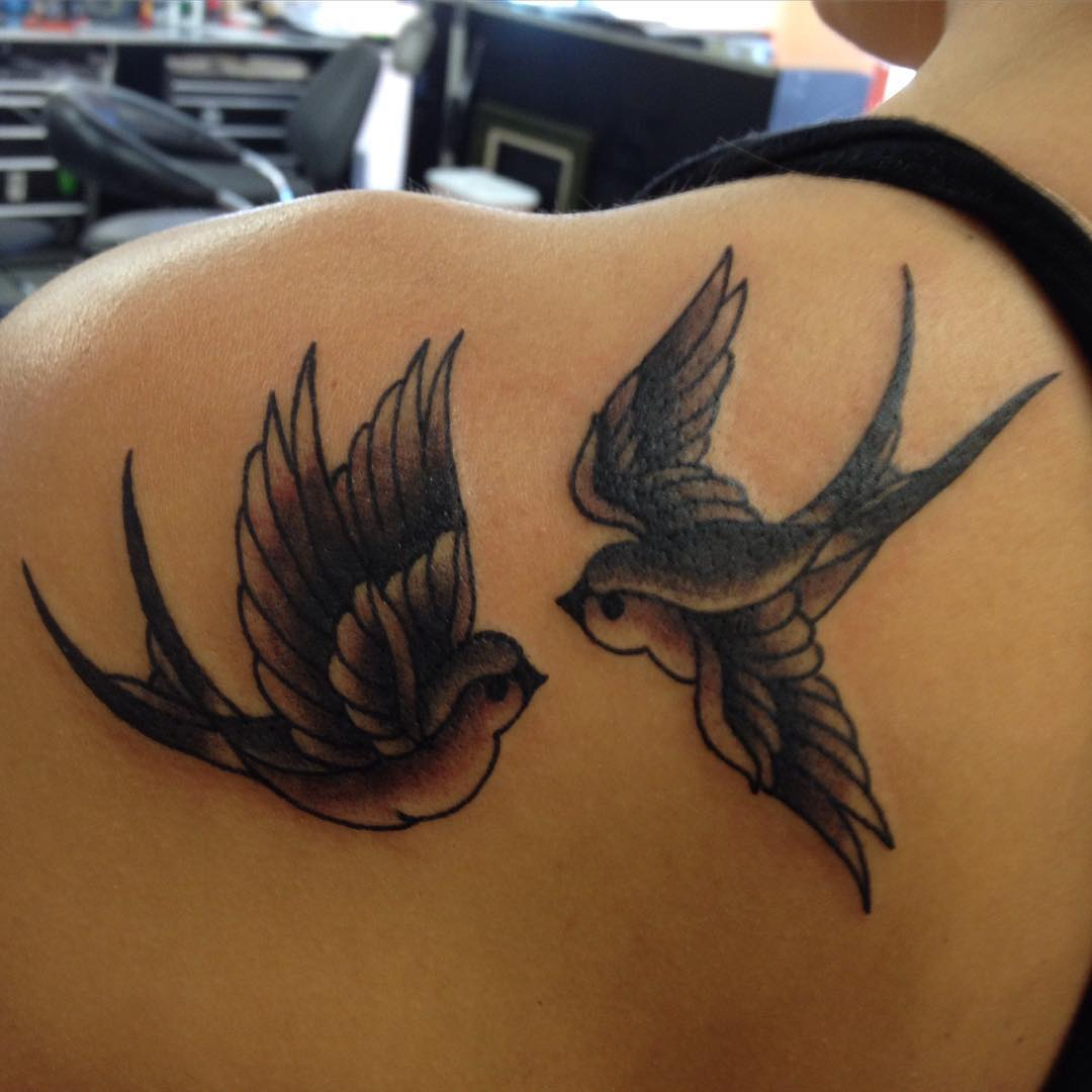 Grey Ink Two Sparrow Tattoos On Left Back Shoulder regarding sizing 1080 X 1080