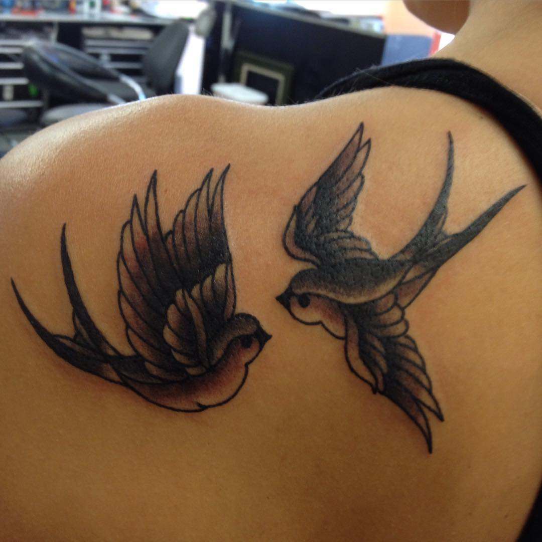 Grey Ink Two Sparrow Tattoos On Left Back Shoulder with size 1080 X 1080