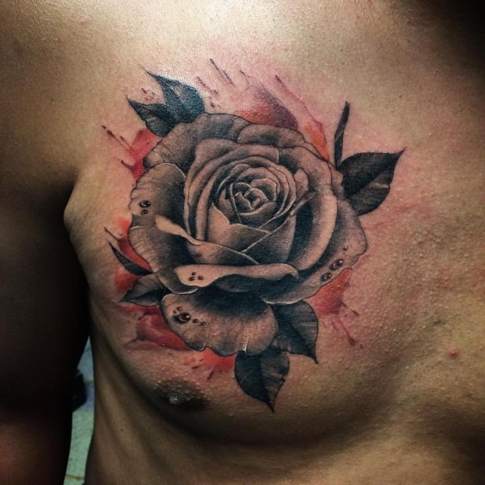 Grey Rose Tattoo On Man Chest Andres Acevedo within measurements 960 X 960