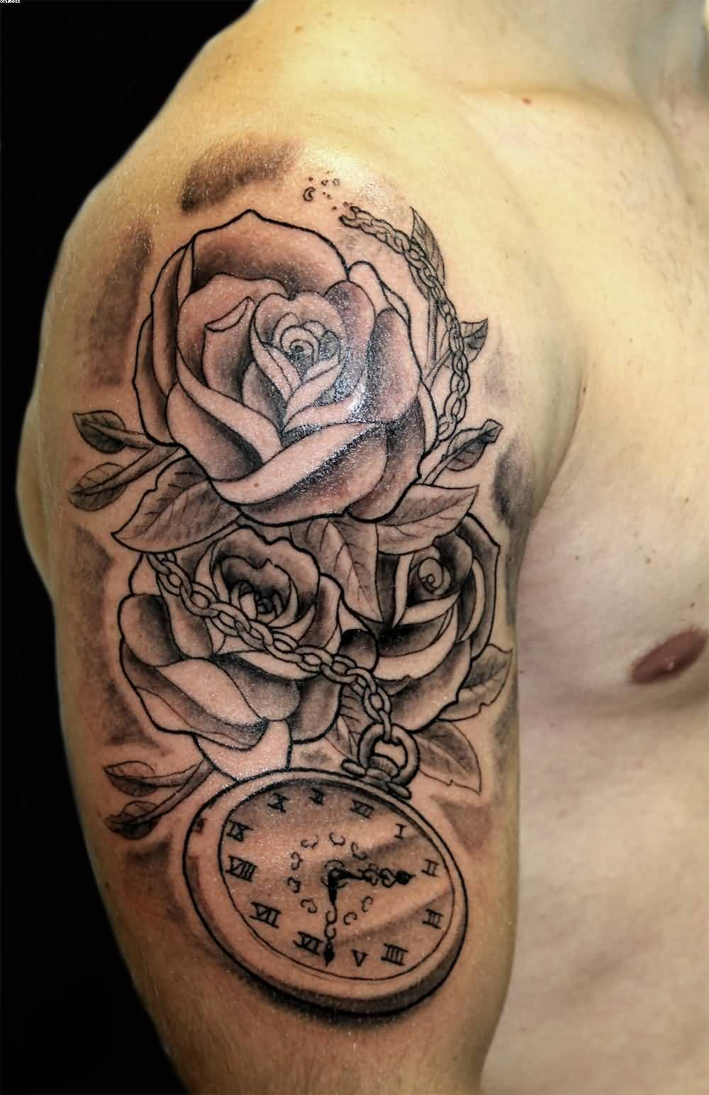 Grey Roses And Clock Tattoo On Man Right Half Sleeve Tatoo Upper in size 1000 X 1544