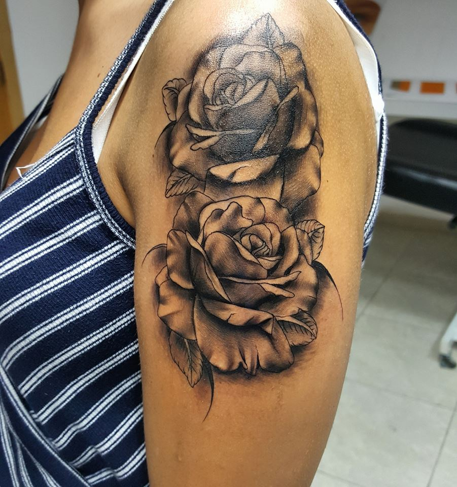 Grey Roses Tattoos On Left Shoulder within proportions 901 X 960