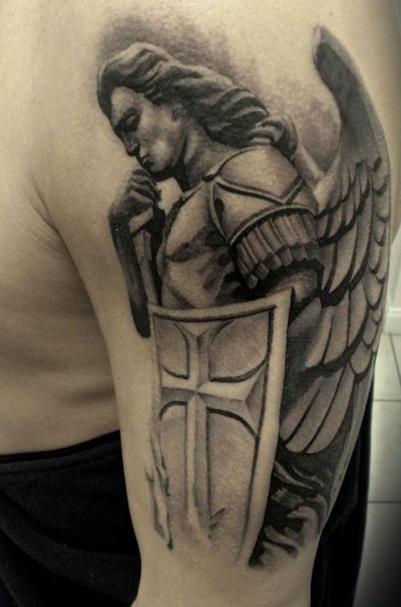 Guardian Angel With Shield Tattoo On Shoulder Tattoos Guardian throughout sizing 800 X 1210