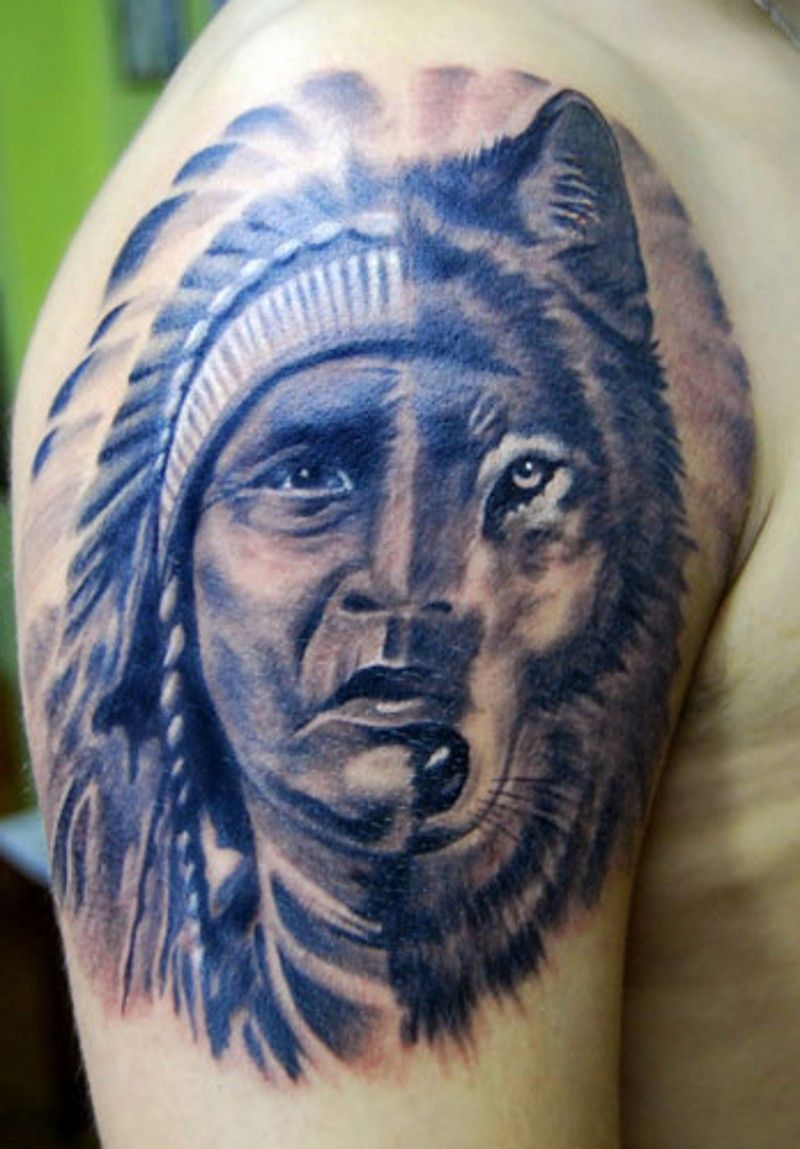 Half Face Of Native American Man Half Wolf Tattoo On Shoulder with sizing 800 X 1149