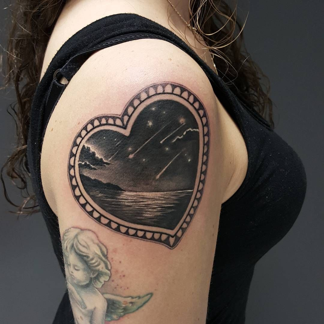 Heart Shaped Frame And Seashore And Falling Stars Inside It Tattoo inside dimensions 1080 X 1080