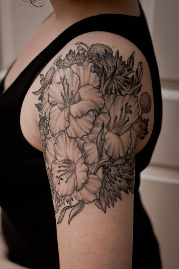 Hot Girl Show Nice Black And Grey Gladiolus Flower Tattoo On regarding sizing 736 X 1104