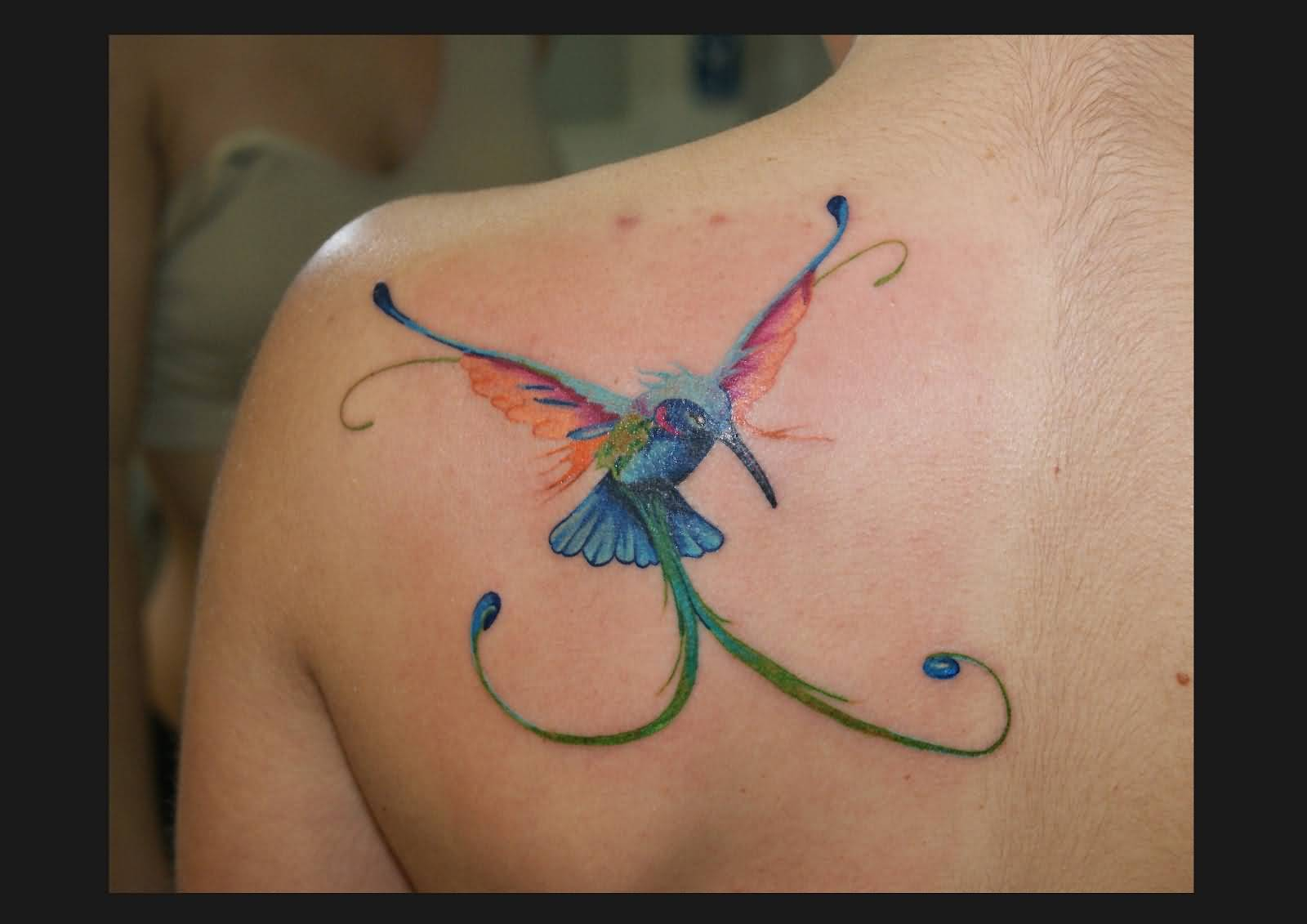 Hummingbird Tattoo Lovely Colorful On Back Shoulder pertaining to measurements 1600 X 1131