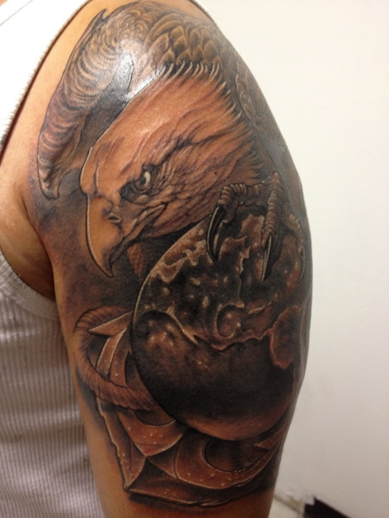 Illustrative Style Colored Shoulder Tattoo Of Eagle With Globe And pertaining to measurements 800 X 1066