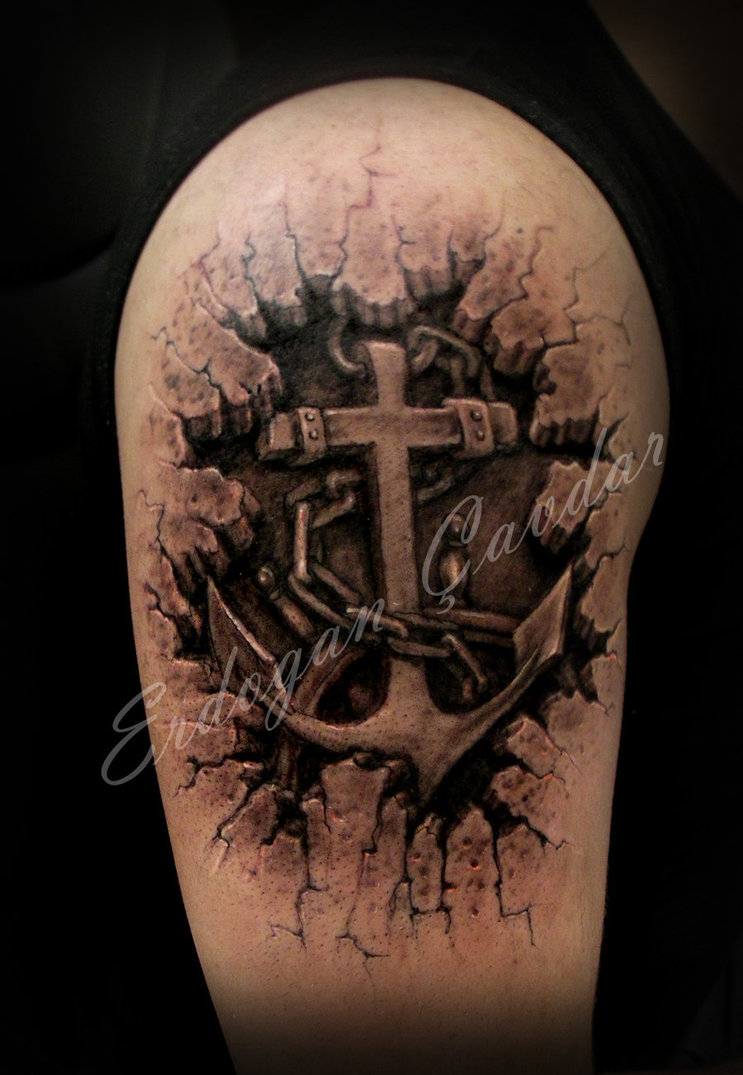 Incredible 3d Ripped Skin Anchor Tattoo On Shoulder with measurements 743 X 1075