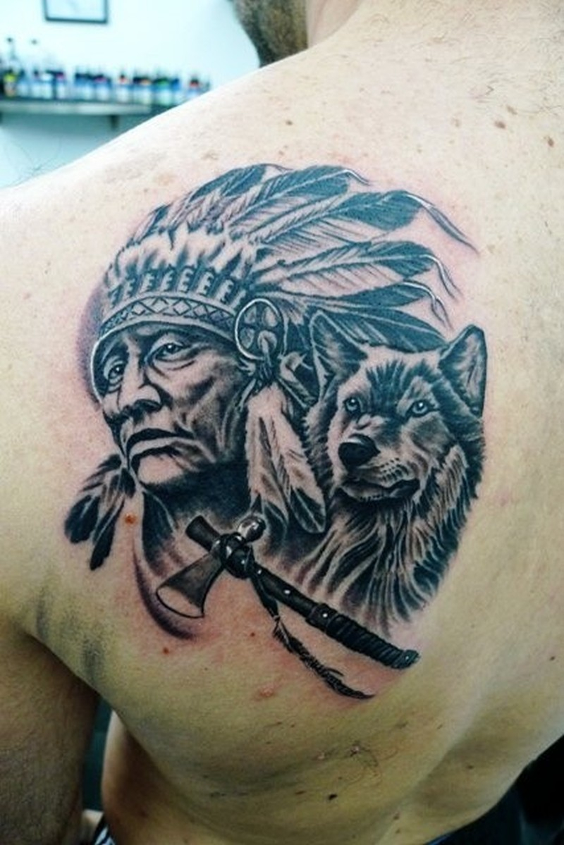 Indian Chief With Wolf And Tomahawk Tattoo On Shoulder Blade inside dimensions 800 X 1199