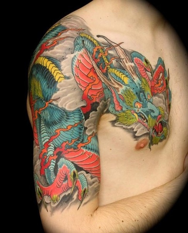 Large Coloured Japanese Dragon Tattoo On Shoulder Tattoos Book for dimensions 800 X 994