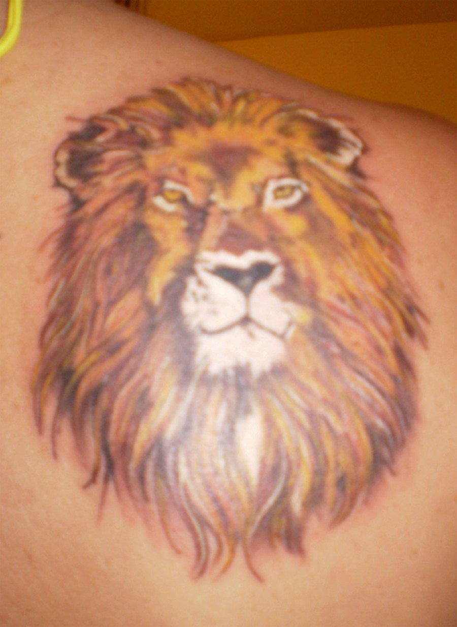 Lion Tattoos For Women Lion Head Tattoo On Right Shoulder Blade in size 900 X 1233