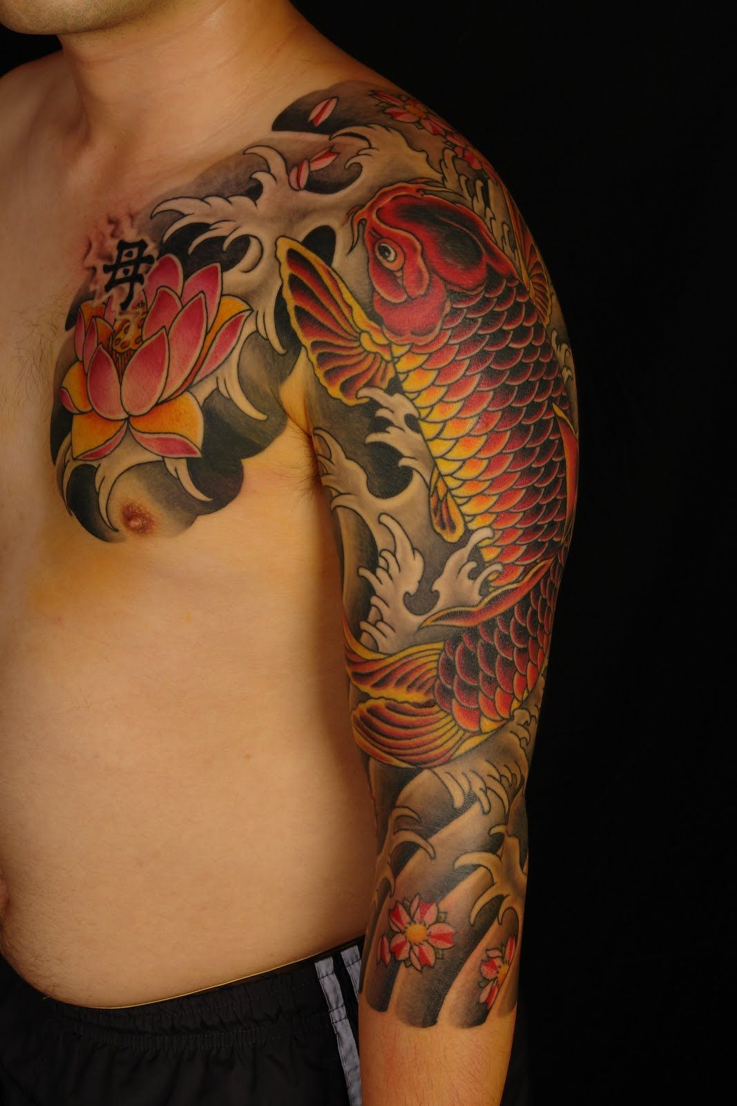 Lotus Flower And Koi Japanese Tattoo On Chest And Sleeve For Men pertaining to sizing 1067 X 1600