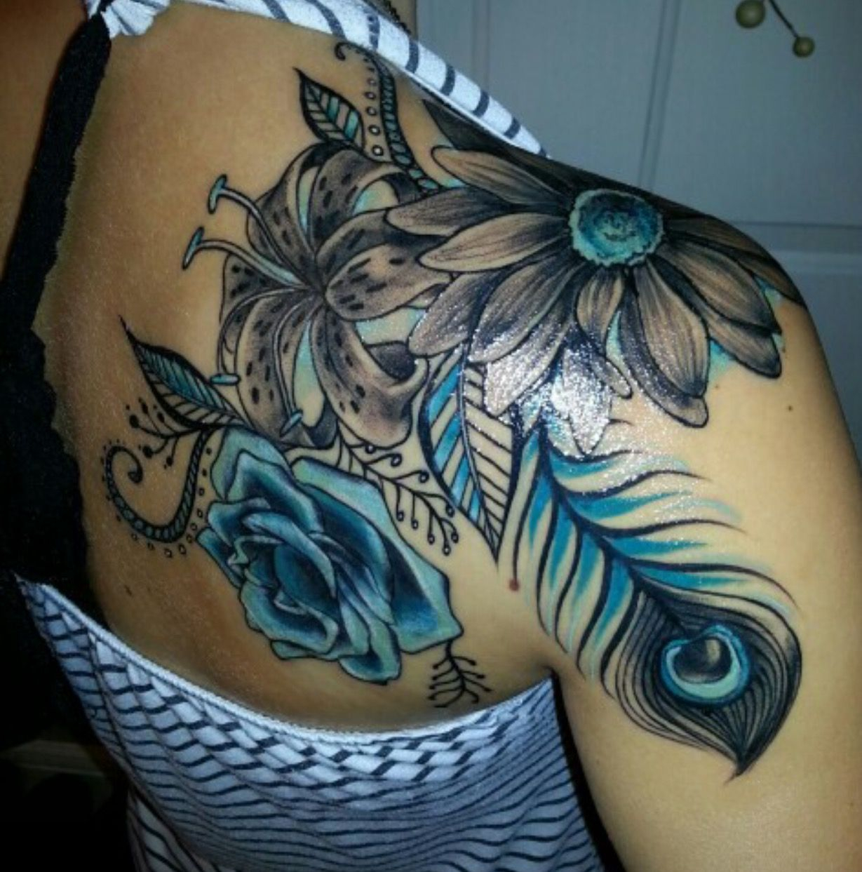 Love The Blue In This Tattoo Shoulder Tattoos Ideas Flower with regard to measurements 1229 X 1243