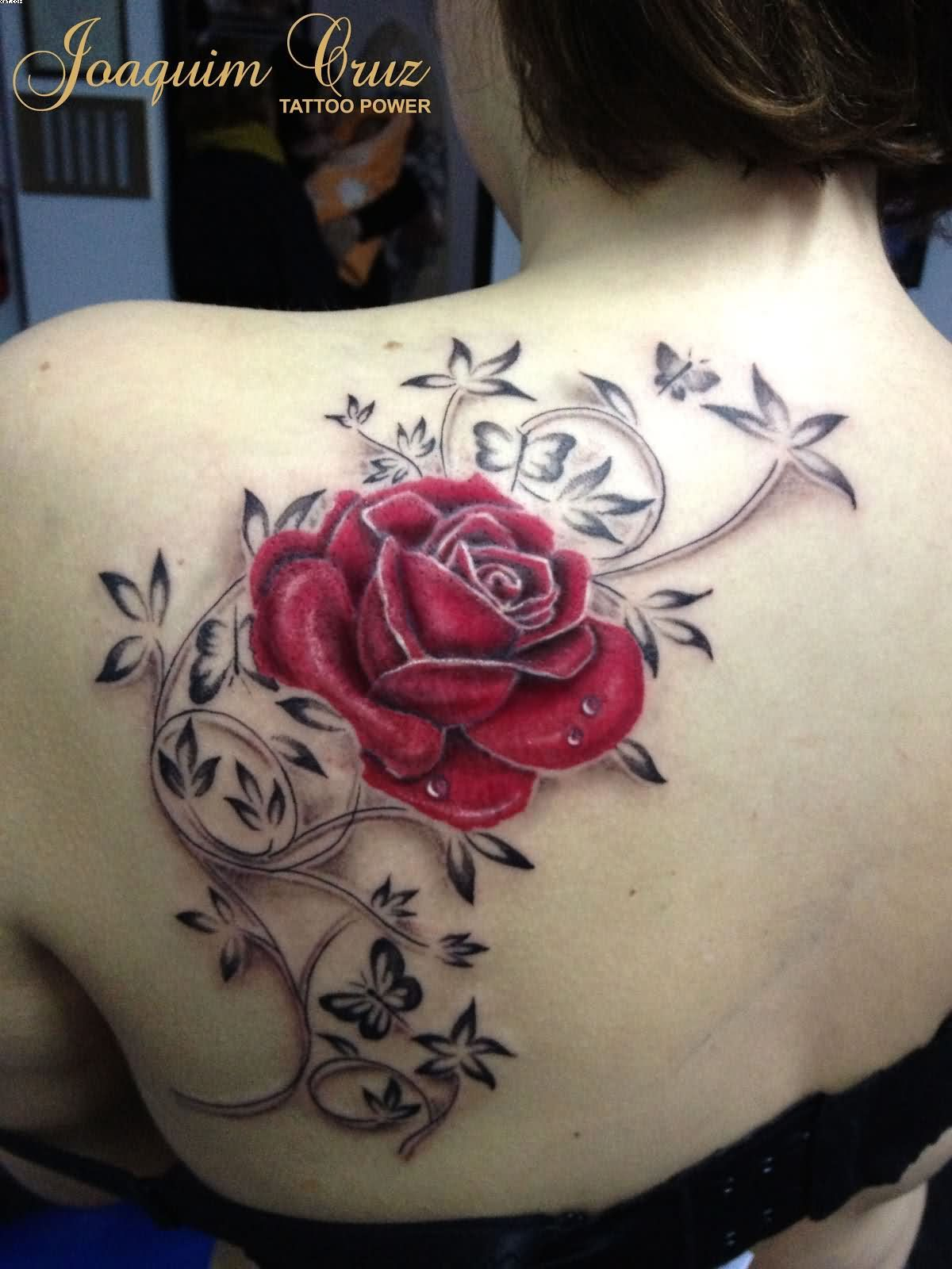 Lovely Rose And Vine Tattoos On Back Shoulder Tattoobite intended for proportions 1200 X 1600