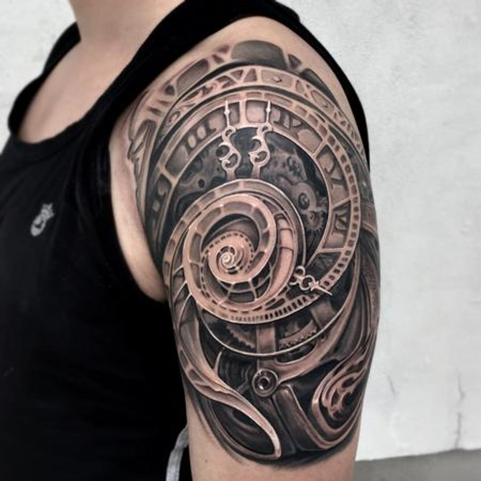 Man With Mechanical Clock Tattoo On Left Shoulder Hd Wallpaper intended for measurements 970 X 970