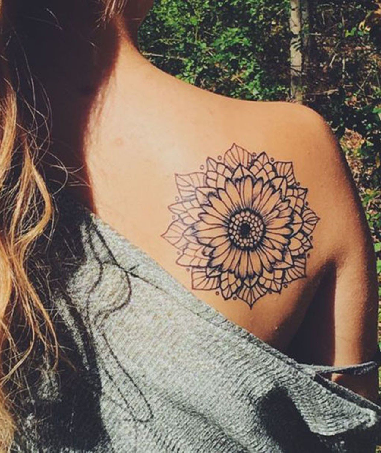 Mandala Sunflower Black And White Back Shoulder Tattoo Ideas At inside proportions 1264 X 1500