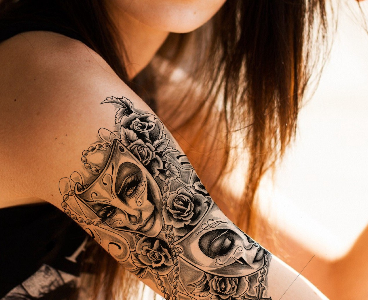 Mask With Roses Tattoo For Girl On Right Shoulder Tattoo intended for dimensions 1268 X 1034