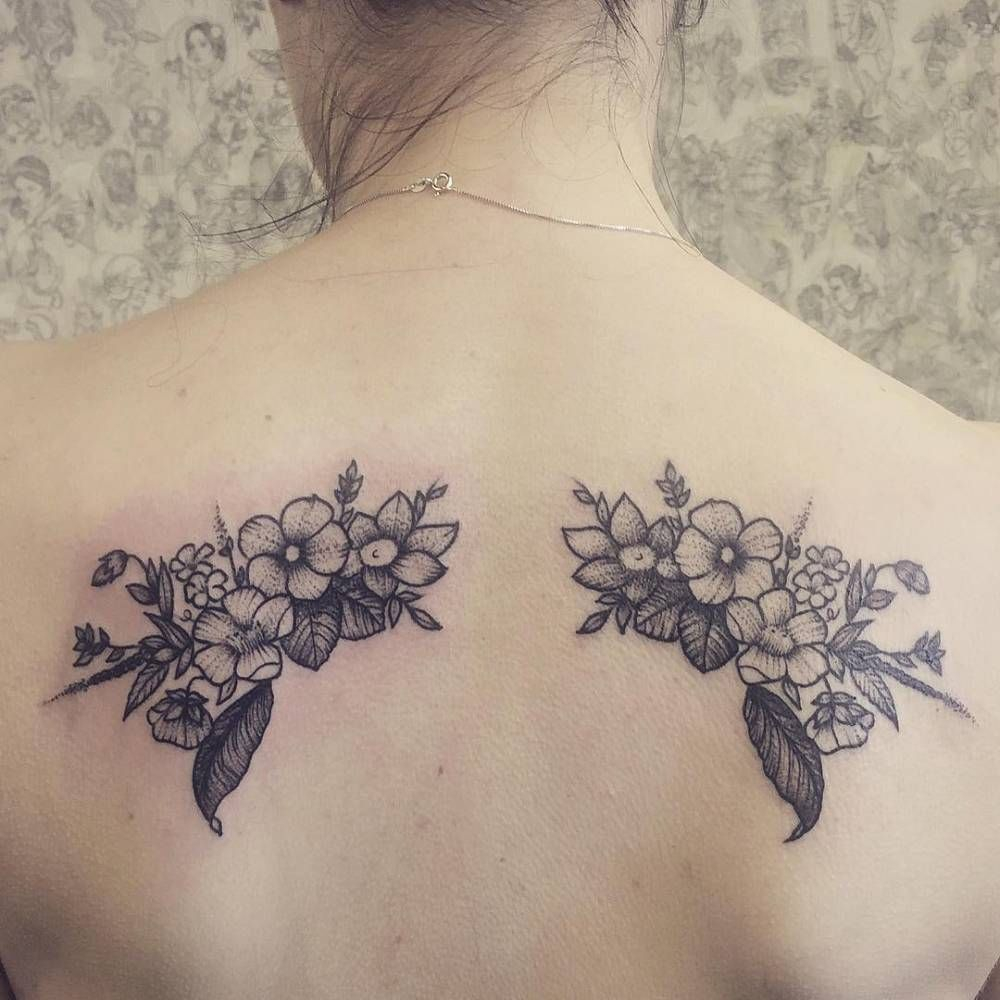 Matching Blackwork Flower Bouquet Tattoos On Both Shoulder Blades with dimensions 1000 X 1000