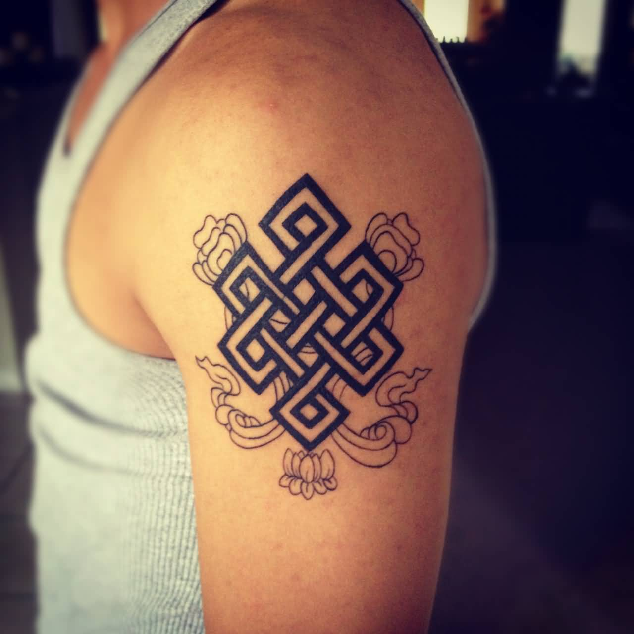 Men Left Shoulder Nice Blue Endless Knot With Small Flower Tattoo throughout sizing 1280 X 1280