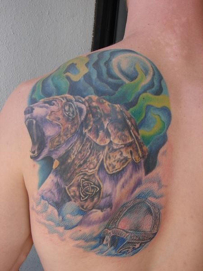 Menacing Bear In Armor Tattoo On Shoulder Blade Tattoos Book within dimensions 800 X 1067