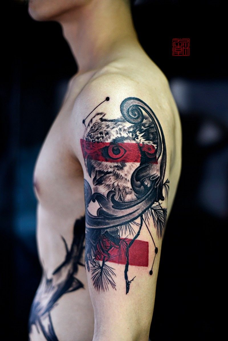 Modern Style Shoulder Tattoo Of Detailed Owl With Red Horizontal in measurements 800 X 1198