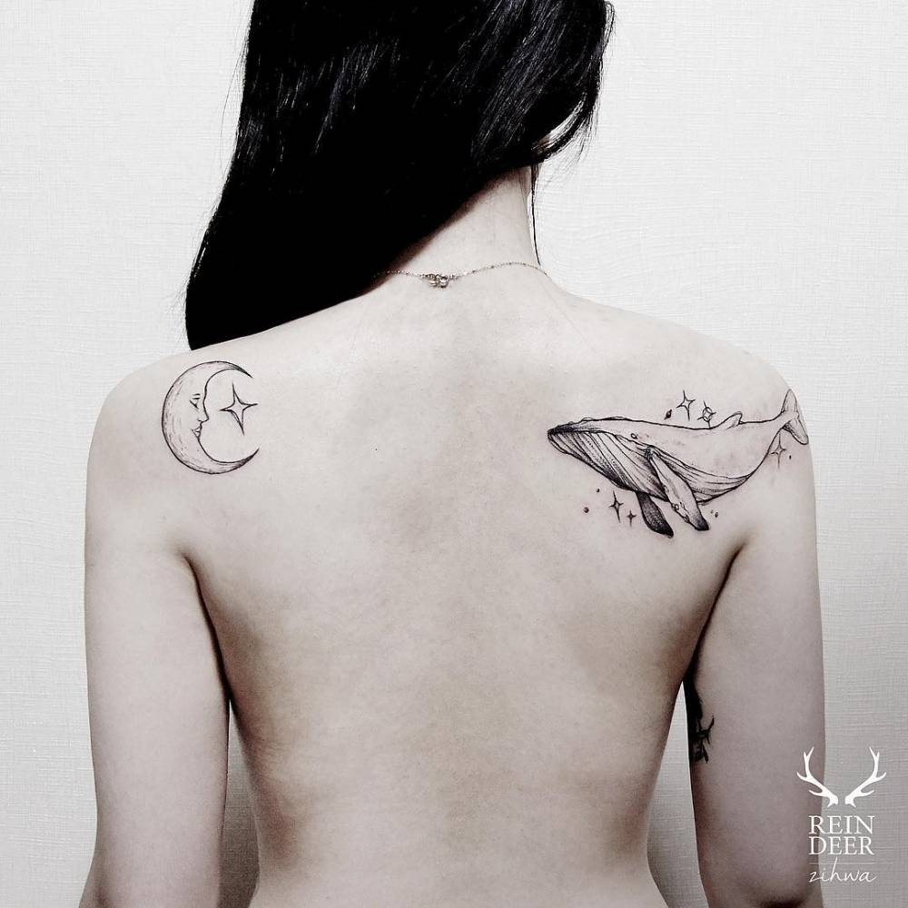 Moon And Whale Tattoos On Both Shoulder Blades inside size 1000 X 1000