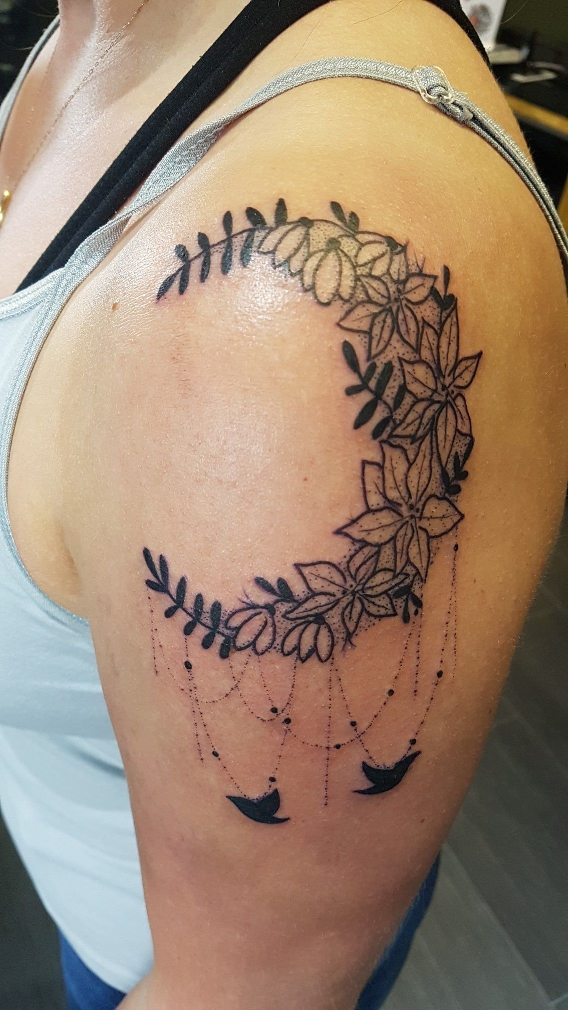 My New Floral Moon Shoulder Tattoo With Snowdrops And Poinsettia pertaining to measurements 1134 X 2016