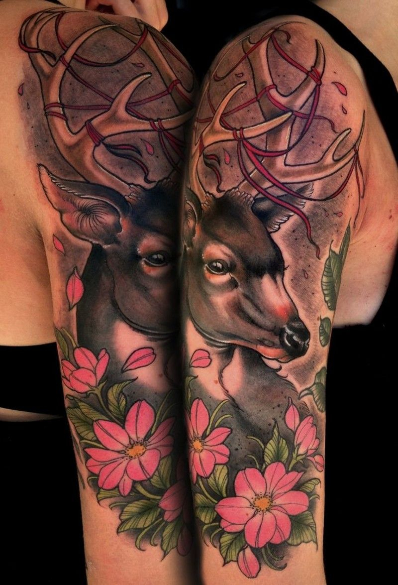 Natural Looking Detailed Colored Shoulder Tattoo Of Deer And Flowers pertaining to proportions 800 X 1175