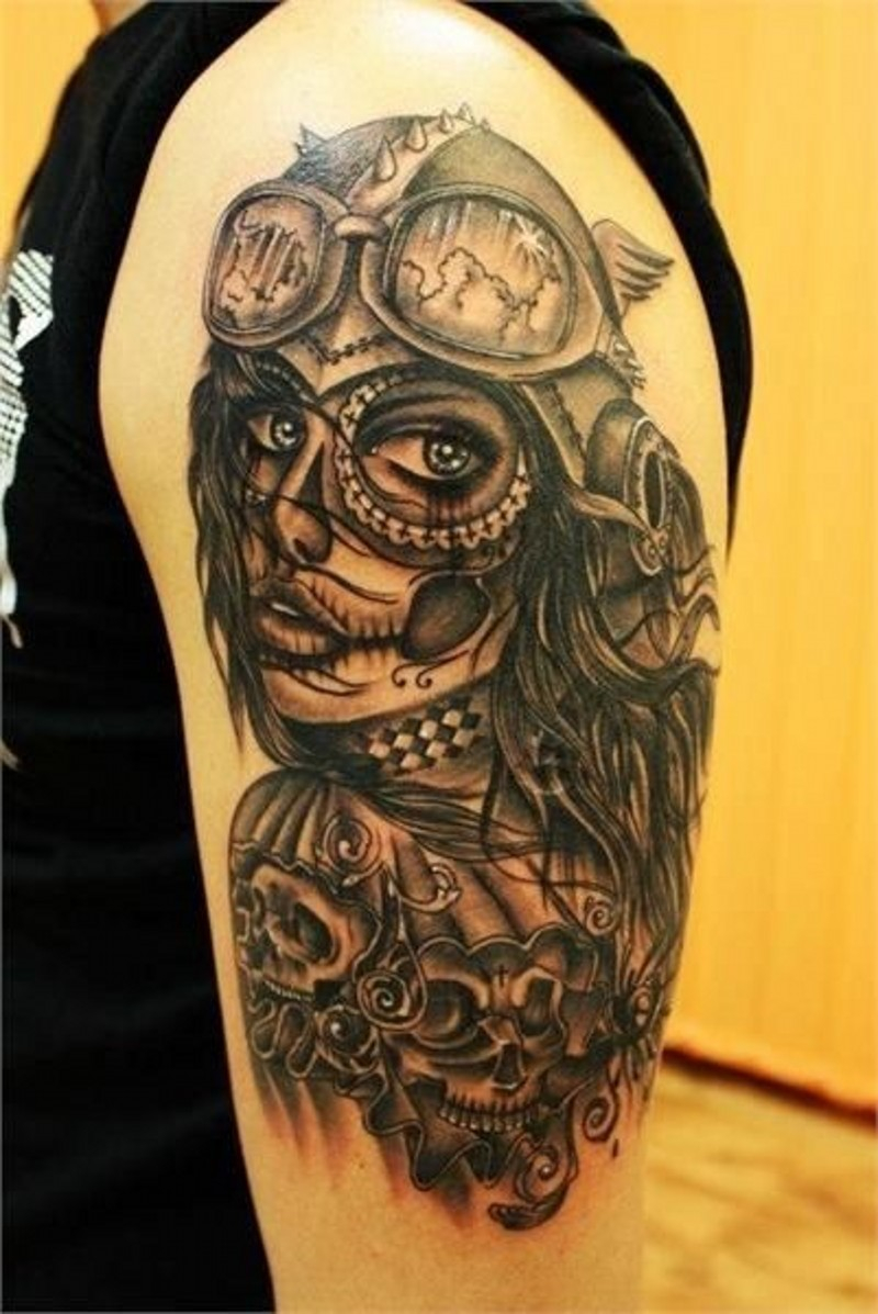 New School Santa Muerte Girl Tattoo On Shoulder Tattoos Book with regard to sizing 800 X 1197