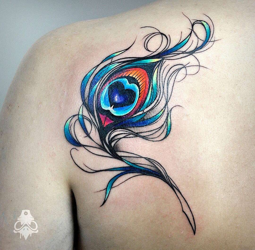 Nice Color Ink Peacock Feather Tattoo On Back Shoulder inside measurements 1080 X 1062