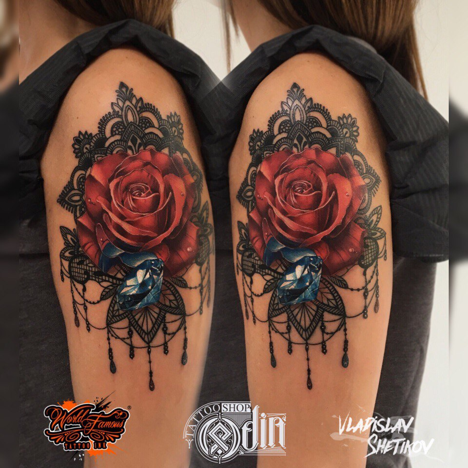 Nice Girly Tattoo With Red Rose And Blue Diamond On Shoulder pertaining to measurements 960 X 960