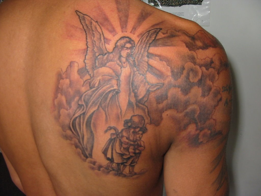 Nice Shoulder Blade Angel Tattoo Design For Men Angel Tattoos intended for proportions 1024 X 768