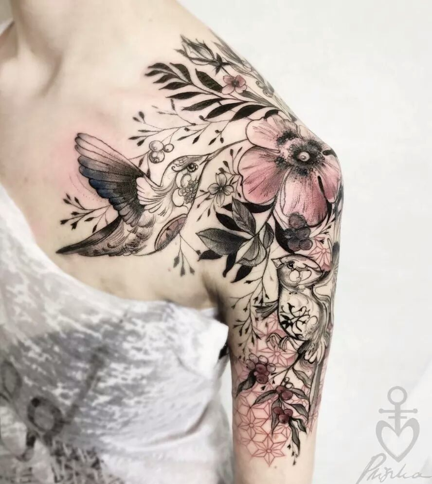 Ooo Pink And Grey Flowers Birds Tattoo Tatua Pomysy Na regarding sizing 888 X 994