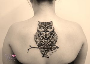 Owl Tattoo On A Back Between Shoulder Blades Black Ornamental Line in dimensions 4852 X 3456