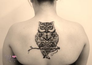 Owl Tattoo On A Back Between Shoulder Blades Black Ornamental Line inside sizing 4852 X 3456