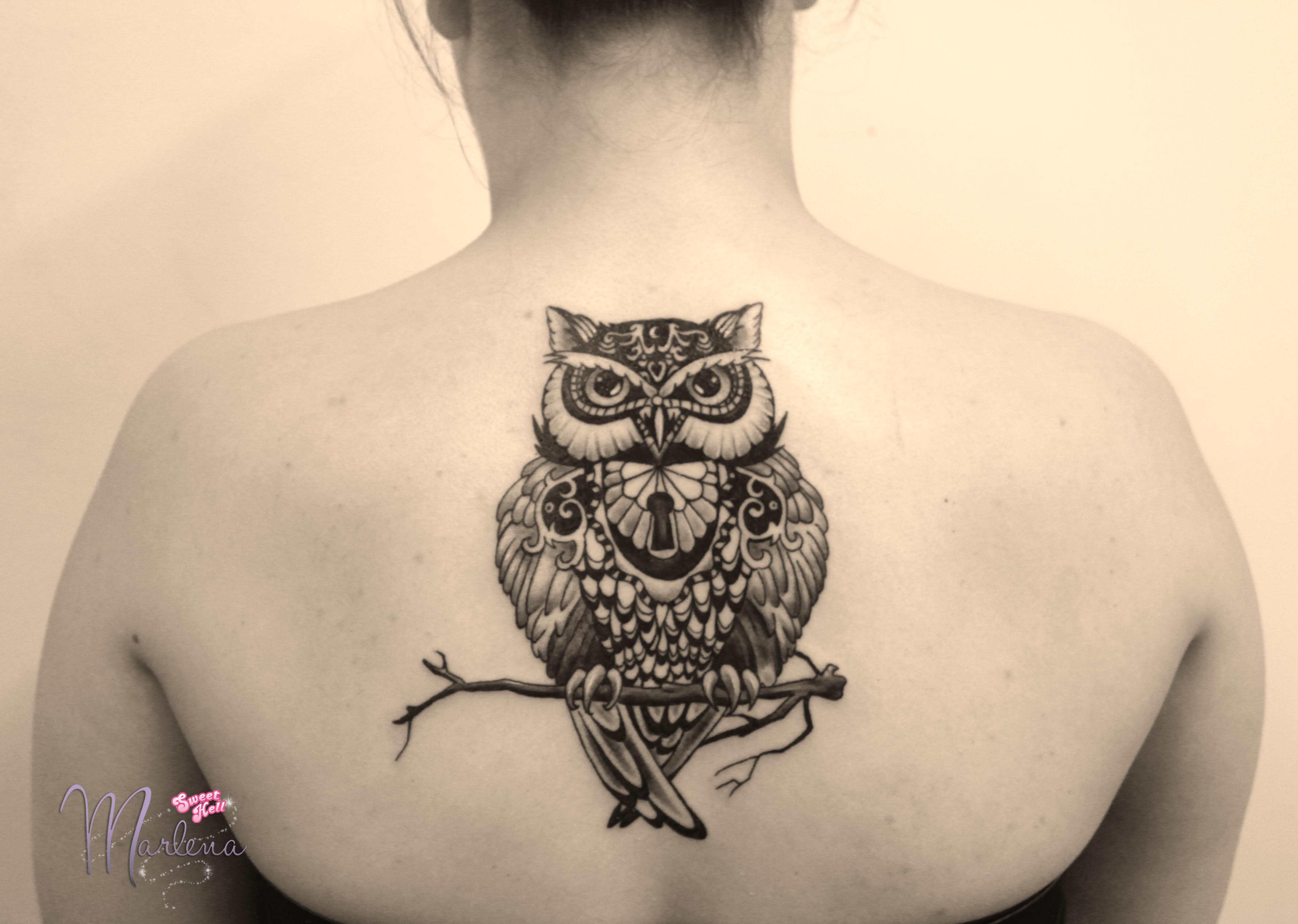 Owl Tattoo On A Back Between Shoulder Blades Black Ornamental Line within dimensions 4852 X 3456