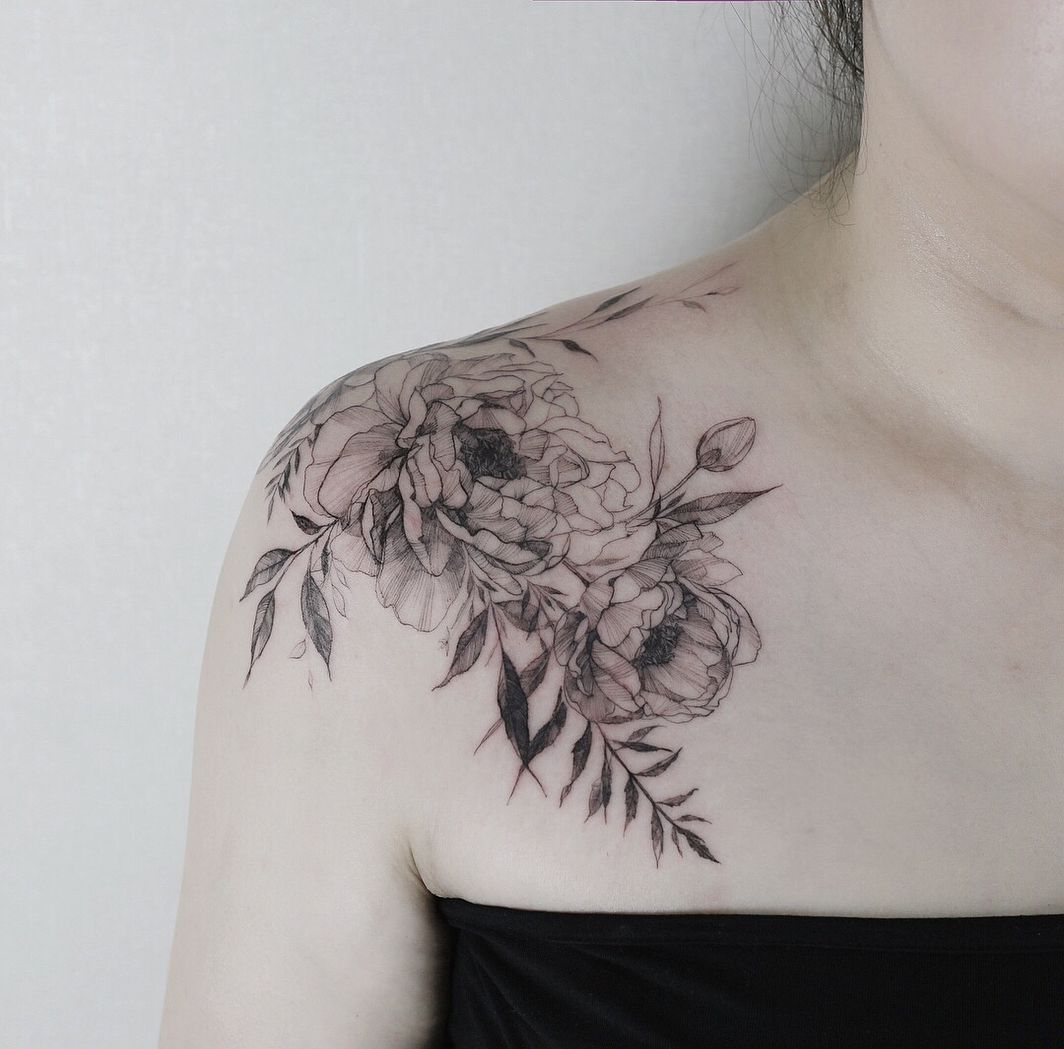 Peonyflower Placement Over Shoulder Tattoo Inspire Front pertaining to proportions 1064 X 1049