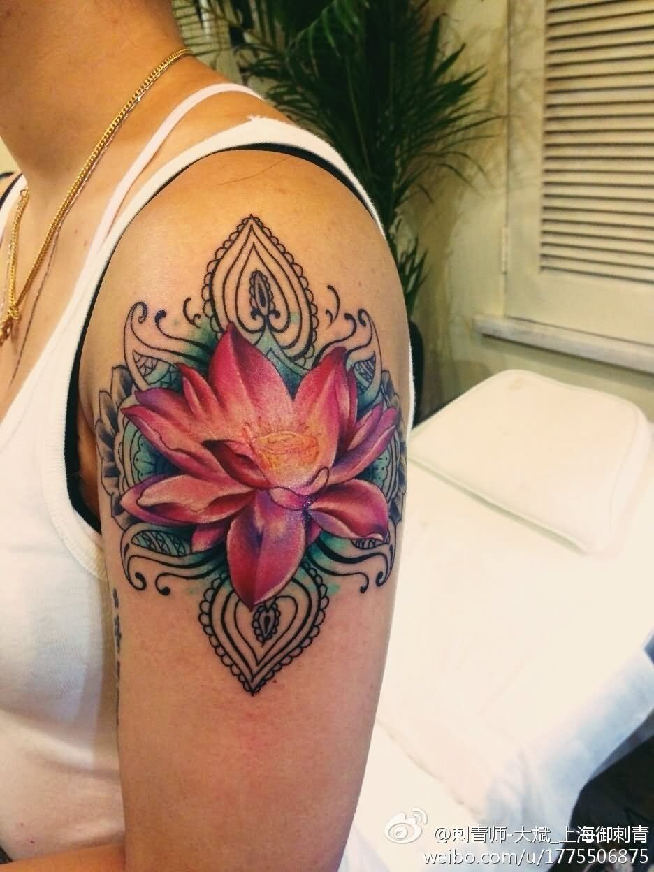 Pink Ink Lotus Tattoo On Girl Left Shoulder Tattoos Lotus Tattoo for proportions 936 X 1248