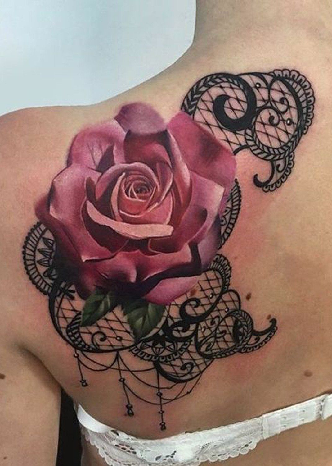 Pink Rose Shoulder Tattoo Ideas Black Lace Shoulder Tat At pertaining to sizing 1070 X 1500