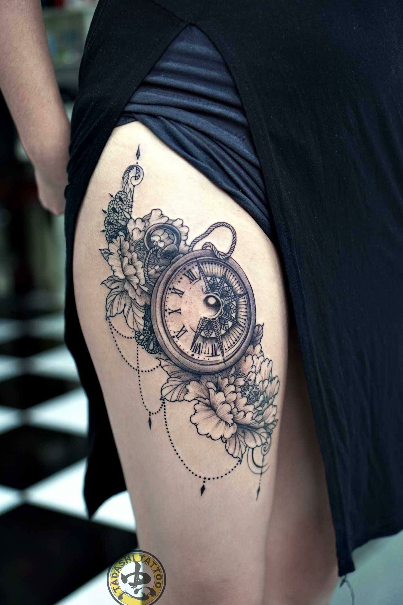 Poeny Clock And Compass Tattoo Tadashi Tattoos Tattoos regarding size 1300 X 1950