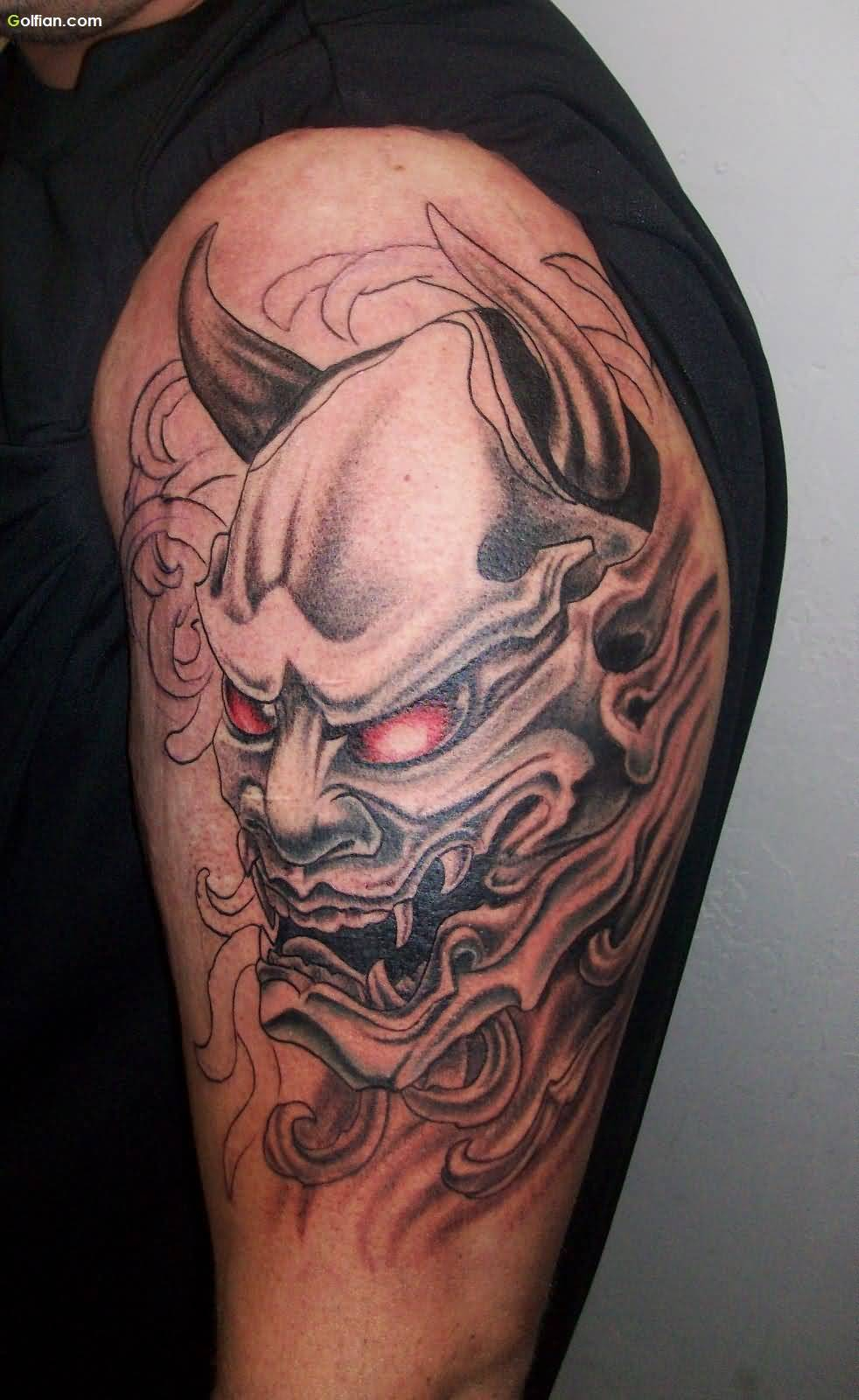 Realistic Asian Oni Mask Tattoo Made On Men Shoulder Golfian with regard to proportions 982 X 1600