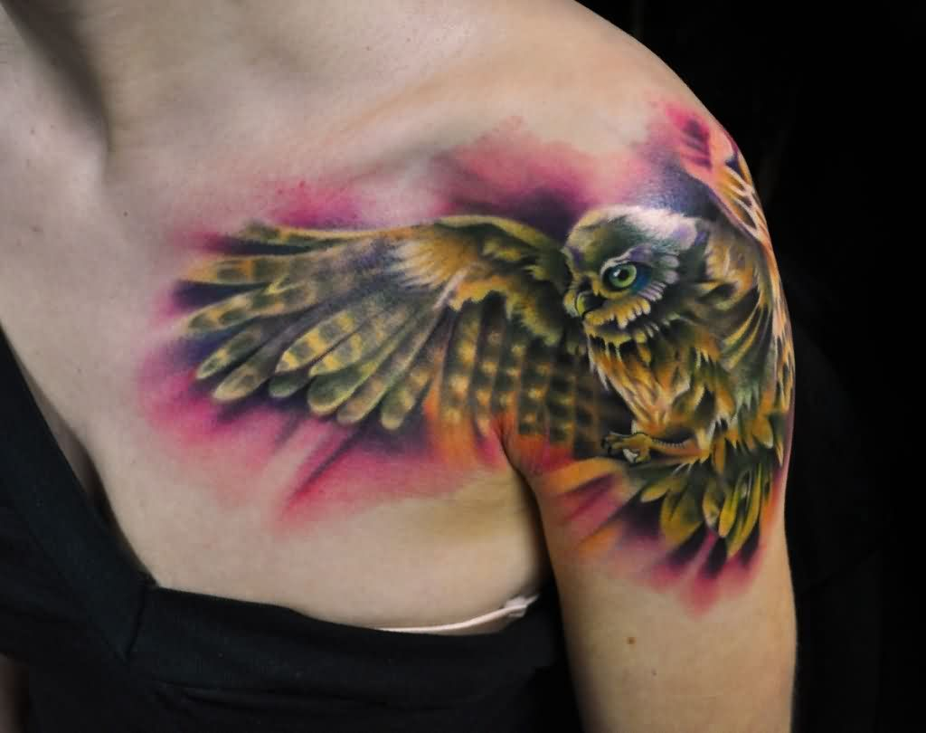 Realistic Flying Owl Tattoo On Left Shoulder Owl Tattoos Insane regarding dimensions 1024 X 810