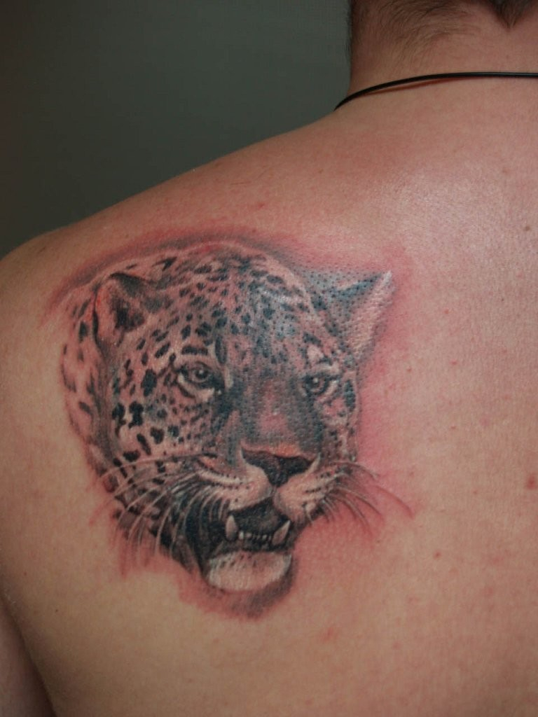 Realistic Jaguar Head Tattoo On Left Back Shoulder intended for sizing 768 X 1024