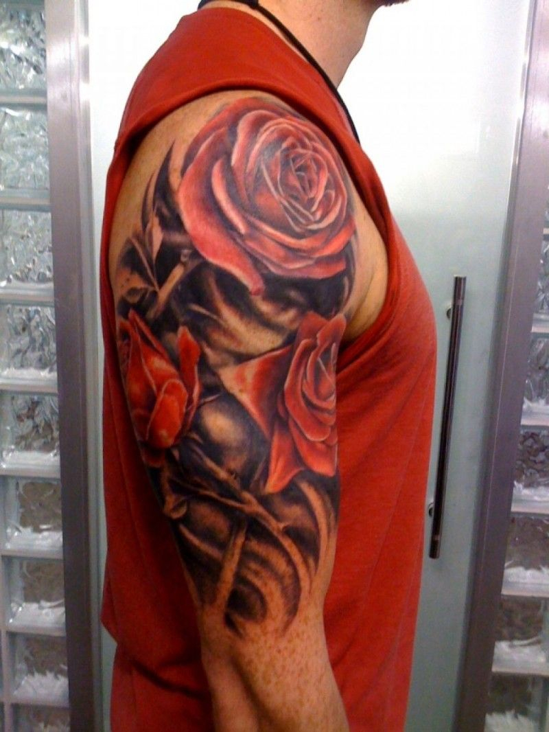 Realistic Red Rose Flowers Tattoo For Men On Upper Arm with size 800 X 1066