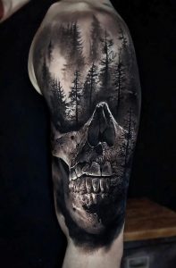 Realistic Skull And Forest Done On Guys Shoulder Upper Arm inside dimensions 847 X 1289